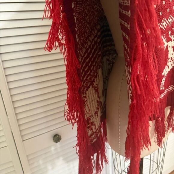 Coco + Carmen Red/Wht Reindeer Hooded Knit Cape-Poncho Sz-S/M - Picture 4 of 8